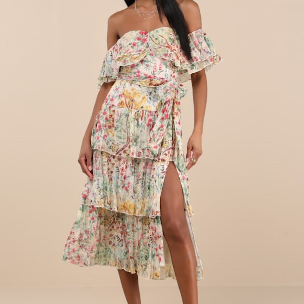 Lulus Lucella Cream Multi Floral Tiered Off-the-shoulder Midi Dress White